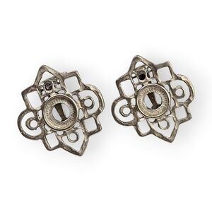 Vintage Art Deco Pewter Earrings Open Work Geometric Clip On Silver Tone 1 1/8"